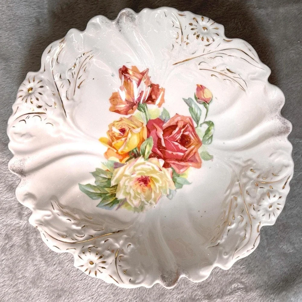 Vintage PS‎ Germany Porcelain Rose Bowl Scalloped Gold Gilt Floral Centerpiece